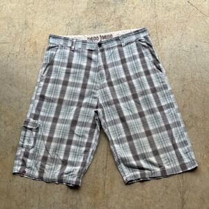 Paco Jeans Mens Plaid Cargo Shorts Size 34 Blue Gray White Cotton Relaxed Fit